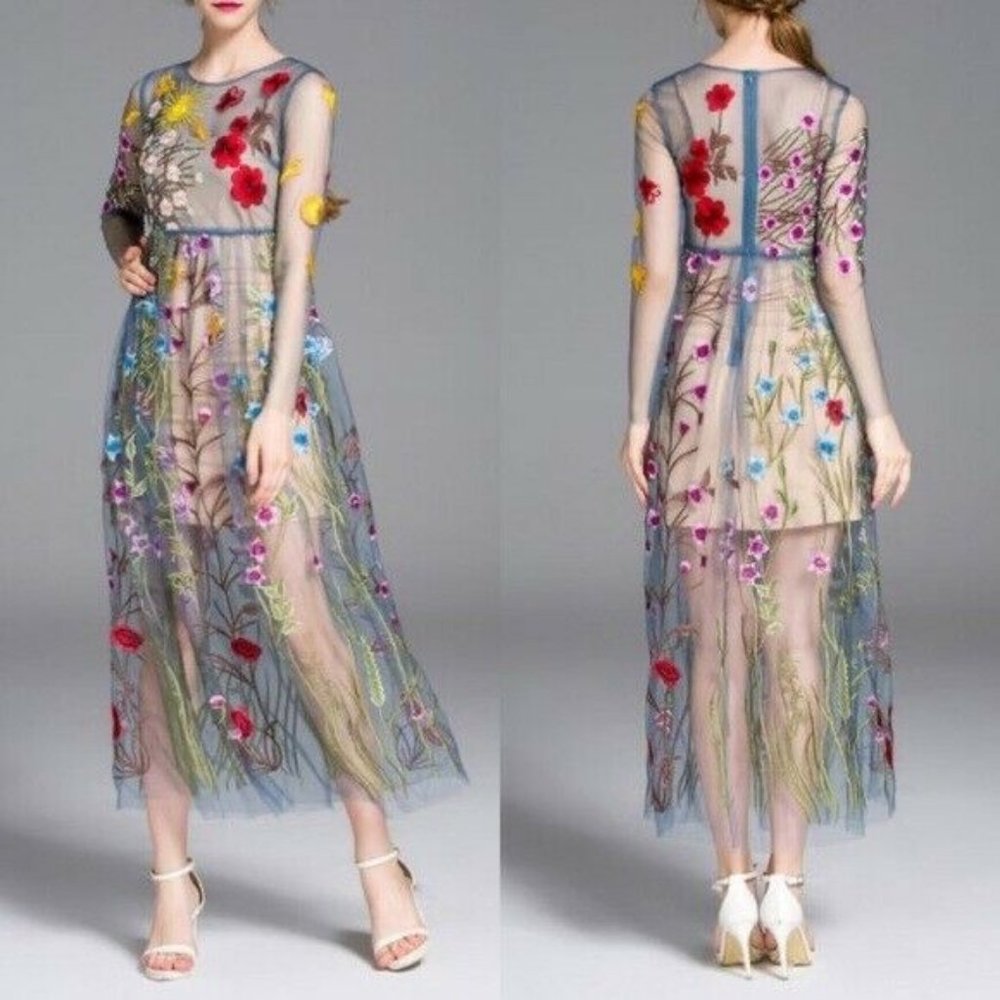 Anthropologie Floral Embroidered Maxi Dress - Multicolor